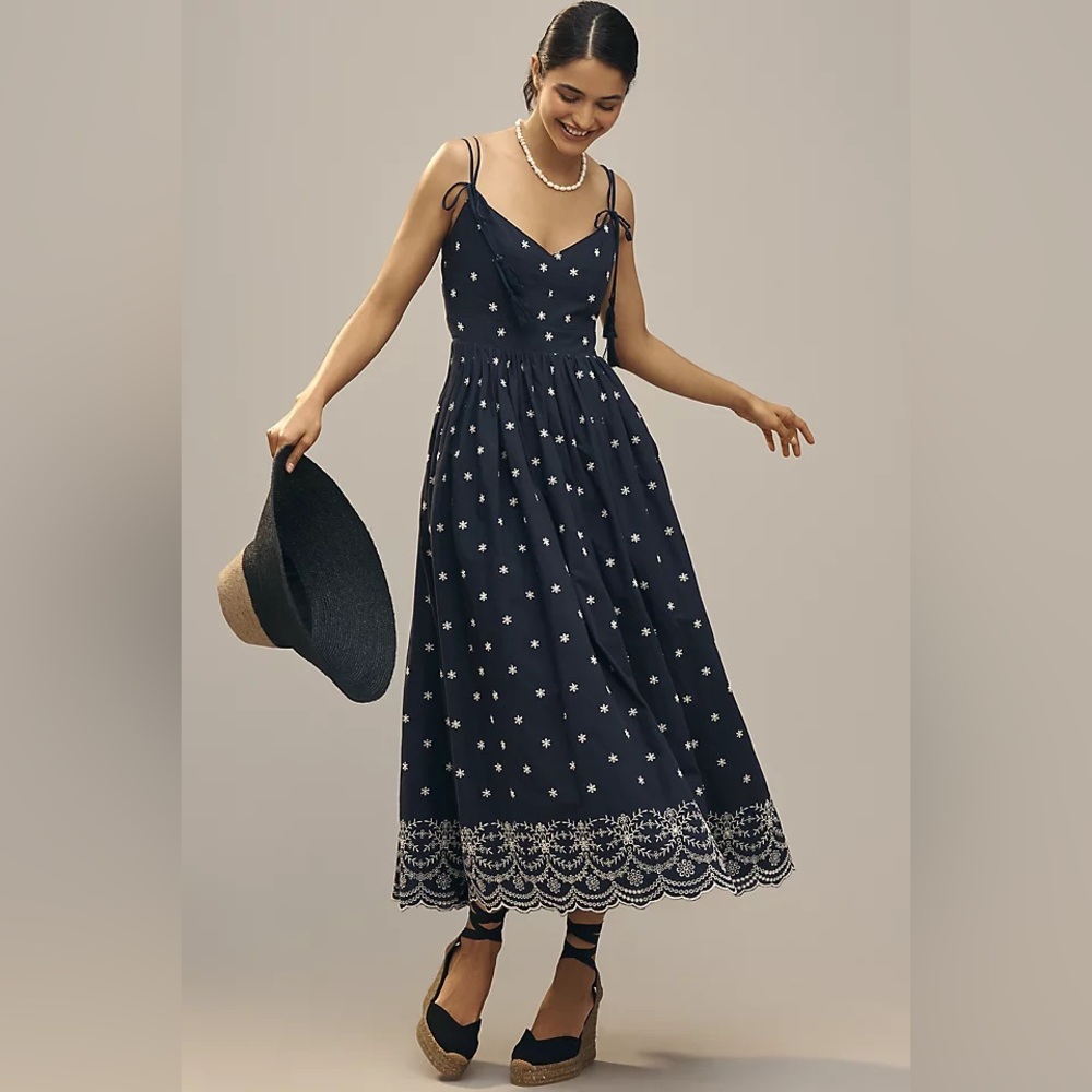 En Saison Navy Blue Star Midi Dress with White Embroidered Hem